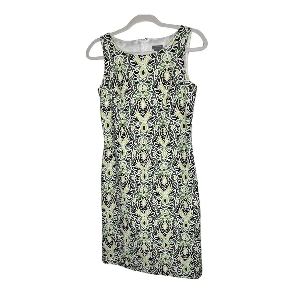 Ann Taylor Green Brown Patterned Sleeveless Sheath Dress Womens Sz 2 Full‎ Zip